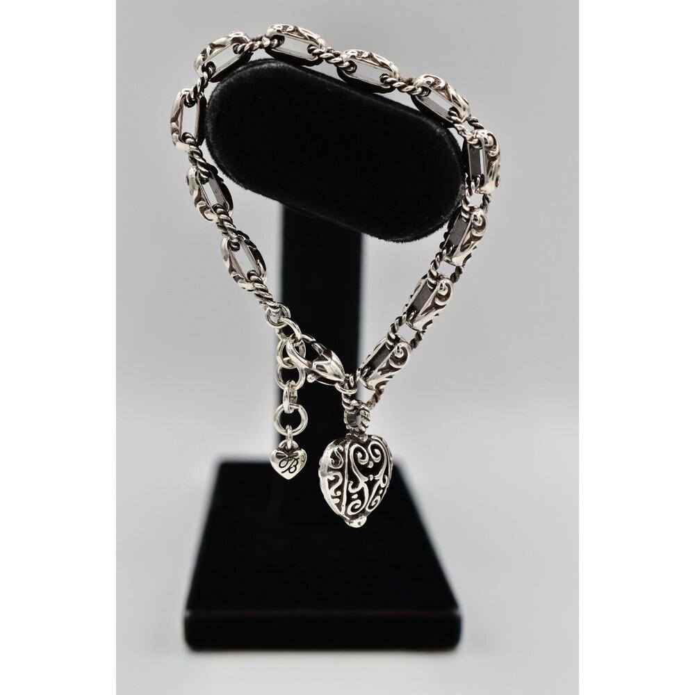 Brighton Bibi Heart Charm Bracelet Silver PLated Puffy Chunky Chain Signed BinO